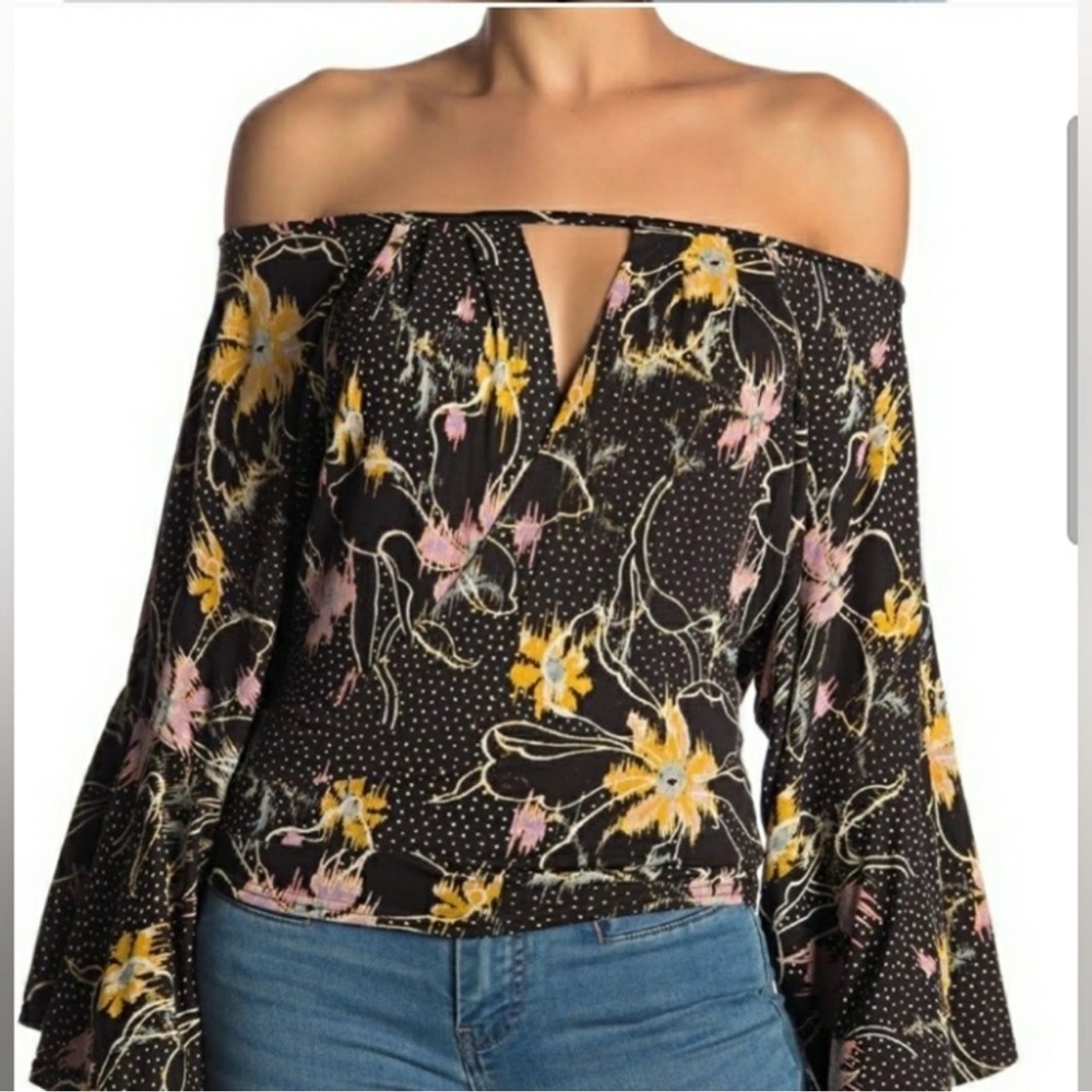 Free People Black Floral Off-Shoulder Bell Sleeve Keyhole Blouse